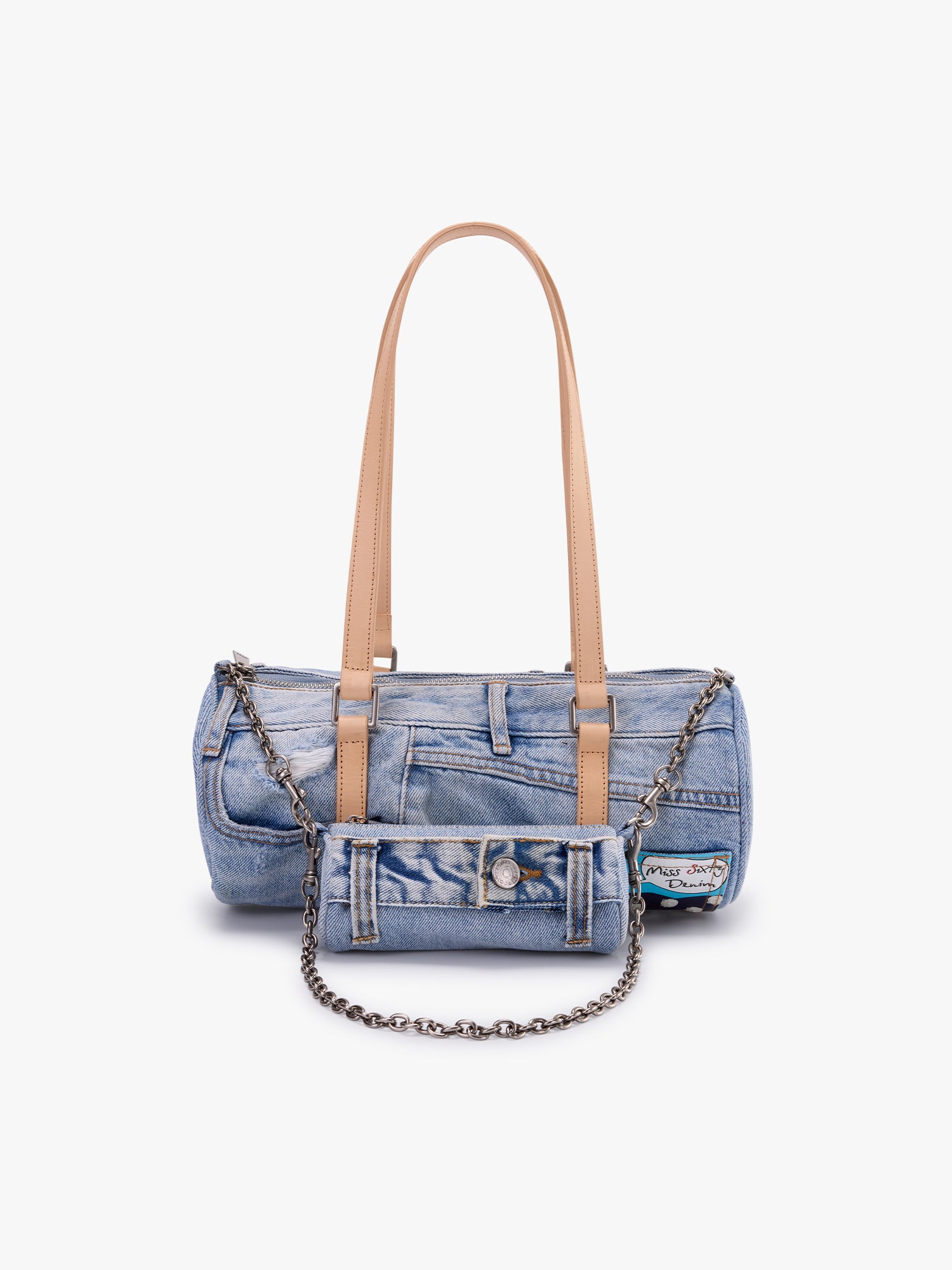 Denim Barrel Bag with Mini Pouch